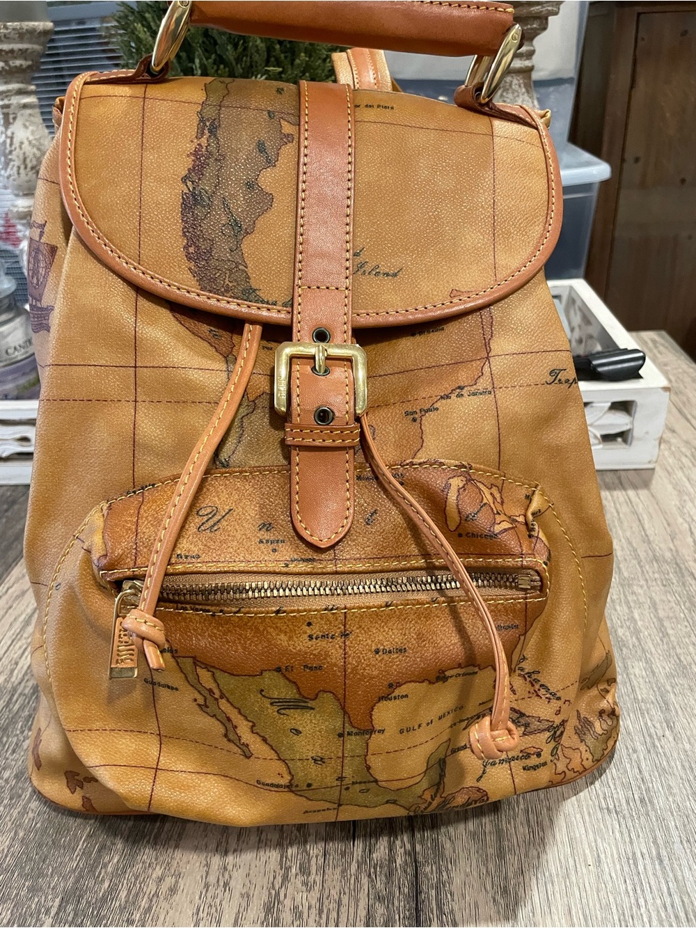 Alviero Martini Tan Map-Print Leather Backpack with Gold Hardware